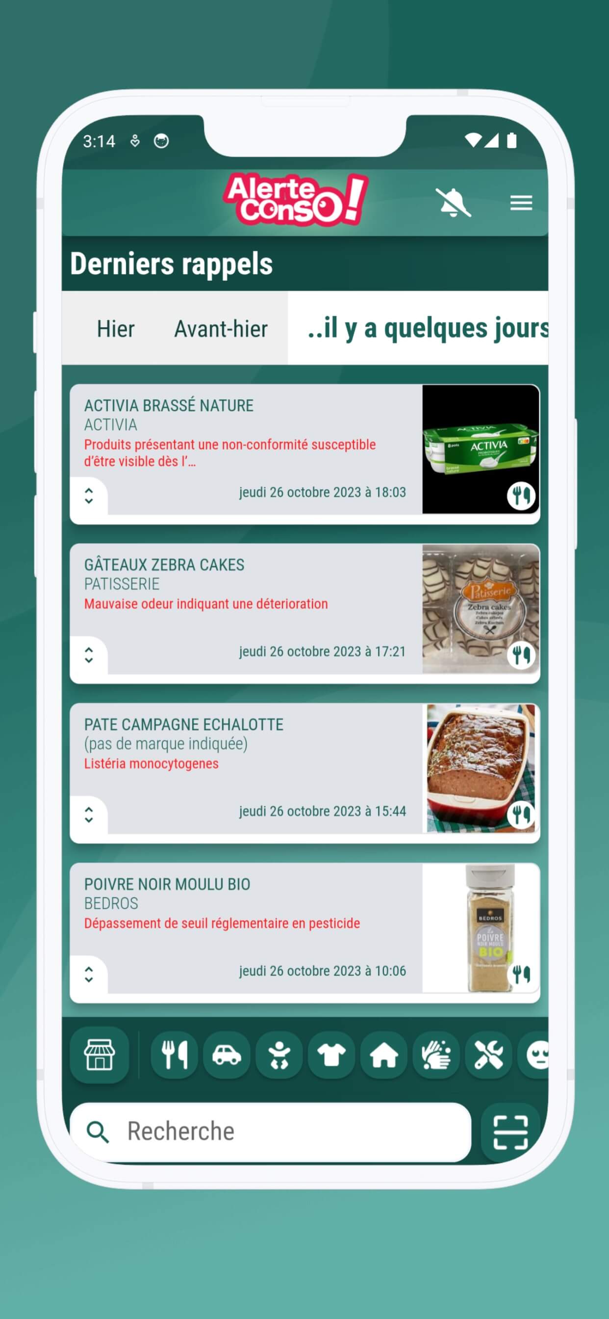 Ecran de l'application Alerte-Conso